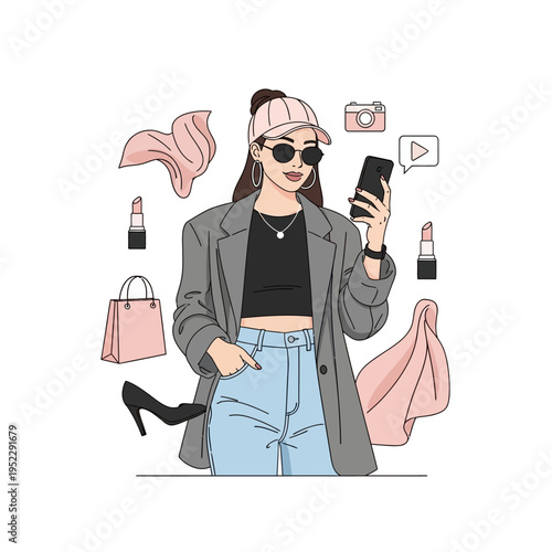 Fashionable Woman with Smartphone, Accessories, and Makeup - Style Illustration