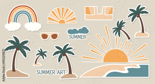 A vibrant summer art collage featuring palm trees sunshine and beachy elements on a beige background with colorful graphics and text, Generative AI.