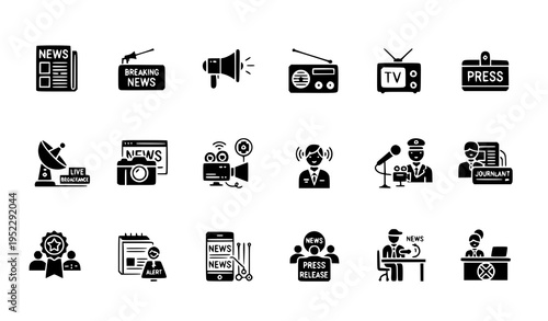 Journalism News and Mass Media Glyph Icons Collection with Reporter Press Broadcast Symbols Vector