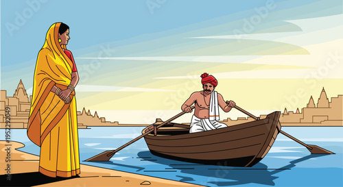 A woman in a yellow sari stands on the riverbank watching a man in a boat with a red turban rowing on the water with a cityscape in the background at sunset, Generative AI.