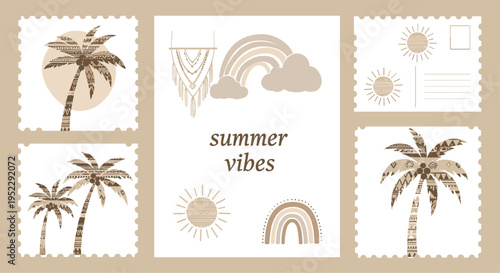 A collection of summer vibes illustrations featuring palm trees rainbows and sunny weather on a beige background, Generative AI.