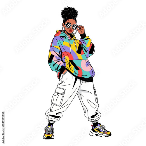 Stylish woman in colorful hoodie and white cargo pants, cool pose, streetwear fashion