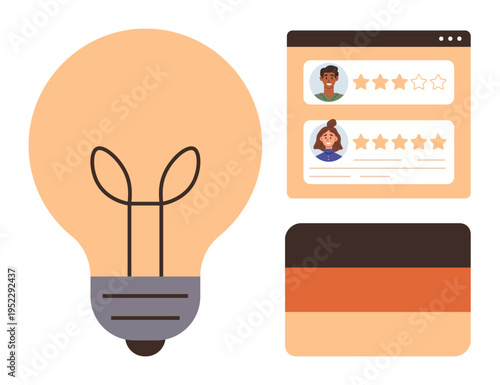 Innovative ideas, user reviews, customer satisfaction, online feedback, financial transactions, web service. Lightbulb, browser reviews and horizontal-striped card. Innovative ideas and user reviews