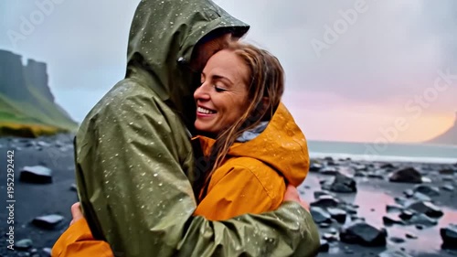 A man and woman in raincoats embracing on a rocky beach with cliffs