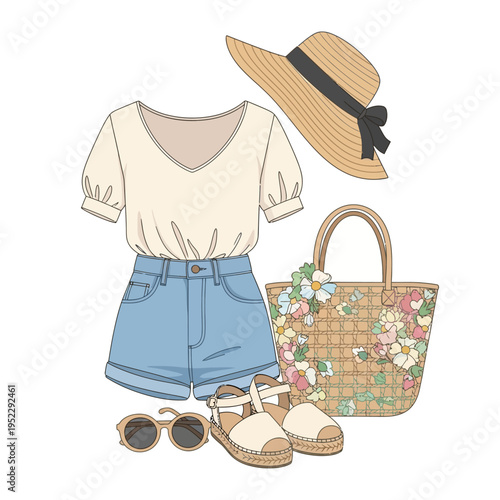 Summer Outfit Flat Lay: Denim Shorts, Blouse, Straw Hat, Espadrilles, Sunglasses & Tote Bag