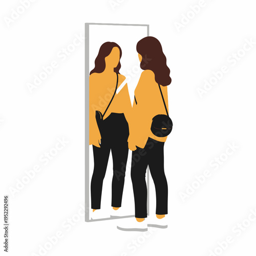 Woman checking outfit in full length mirror, modern minimalist illustration