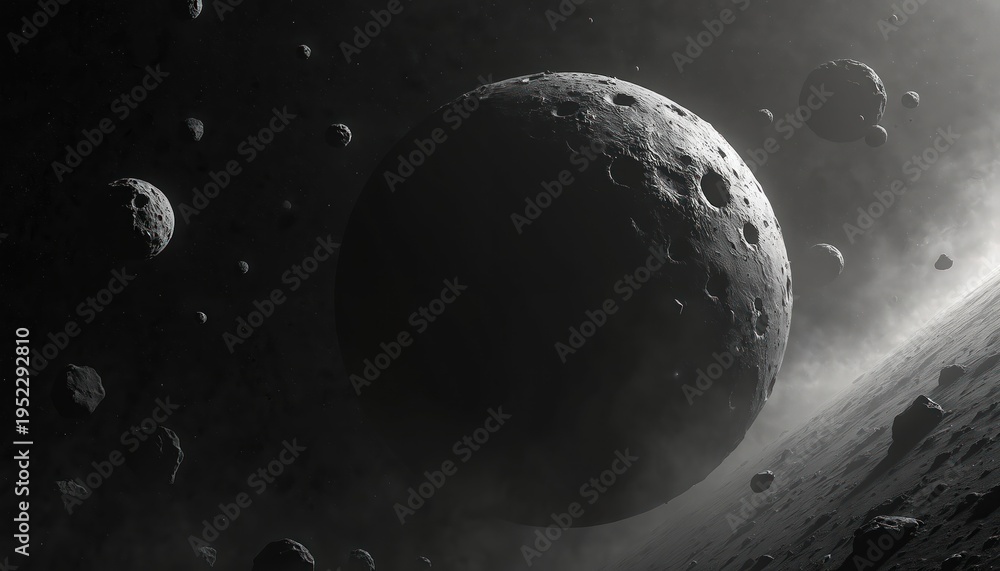 Naklejka premium Giant cratered planet or asteroid looms in dark space. Many smaller rocks drift nearby. Cosmic dust and gas clouds swirl around celestial bodies.