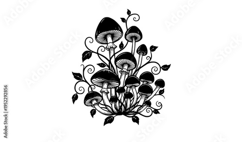 Mushrooms with vines silhouette botanical nature vector illustration