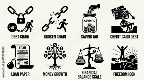 Debt & Financial Freedom Vector Icon Set – Bold Vectors Featuring Chains, Saving Jars, Credit Cards, Loan Papers, Money Growth, Balance Scales, and Freedom Birds