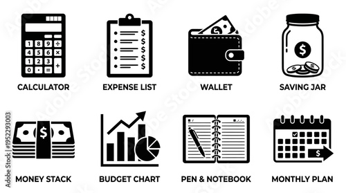 Personal Finance & Budgeting Vector Icon Set – Smart Vectors Featuring Calculators, Expense Lists, Wallets, Saving Jars, Money Stacks, Budget Charts, Notebooks, and Monthly Plans