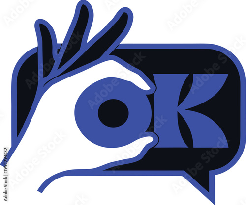 Hand making ok sign in bold electric blue speech bubble vector illustration EPS PNG file