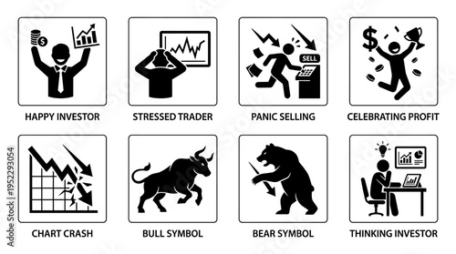 Stock Market Emotions Vector Icon Set – Bold Vectors Featuring Happy Investors, Stressed Traders, Panic Sellers, Profit Celebrations, Chart Crashes, Bulls, Bears, and Thinking Investors