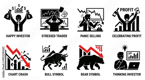 Stock Market Emotions Vector Icon Set – Bold Vectors Featuring Happy Investors, Stressed Traders, Panic Sellers, Profit Celebrations, Chart Crashes, Bulls, Bears, and Thinking Investors