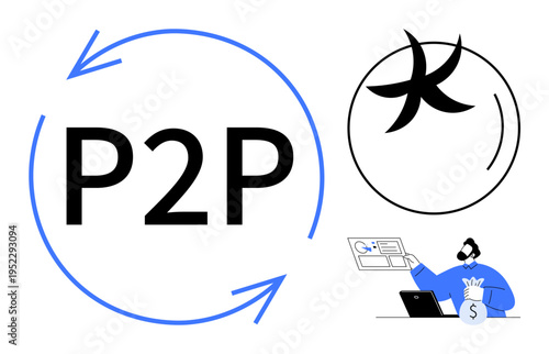 Peer-to-peer networks, digital finance, online payments, cryptocurrency exchange, fintech, transaction processes. Circular arrows with P2P text, a digital wallet, and transaction elements