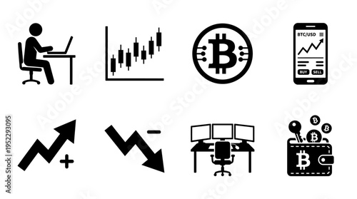 Cryptocurrency Trading Vector Icon Set – Bold Vectors Featuring Bitcoin Symbols, Candlestick Charts, Digital Wallets, Market Growth Arrows, Trading Desks, and Mobile Crypto Analytics