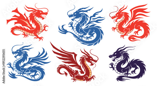 Set of chinese dragon silhouette icons in red blue and purple on white bg