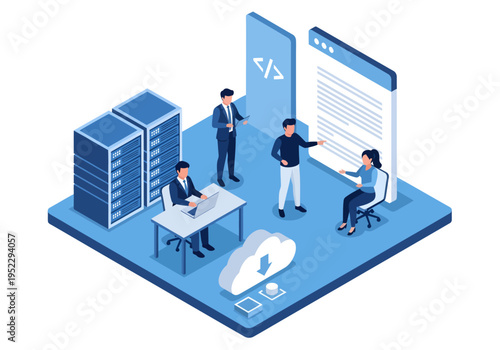 Four IT professionals collaborate within a futuristic, blue-tinted isometric workspace featuring massive server racks, floating data screens displaying code, and a prominent cloud computing interface