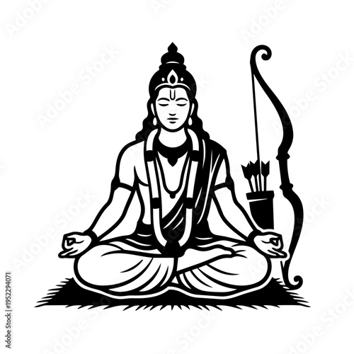 Lord Rama Meditation Silhouette. Hindu God Spiritual Yoga Ramayana Vector Illustration