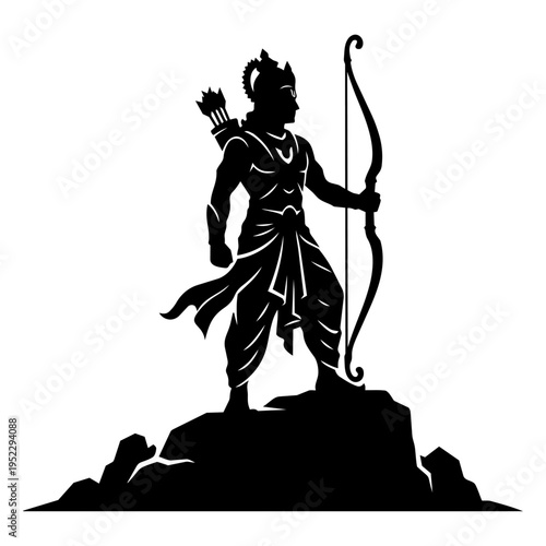 Lord Rama Standing on Cliff Silhouette. Hindu God Warrior Landscape Vector Illustration