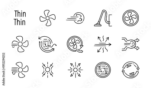 Air suction icons set thin to bold stroke airflow ventilation vector