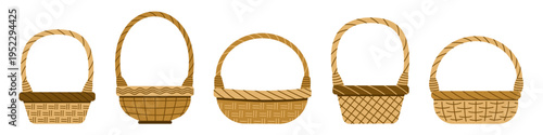 Wicker baskets. Empty straw basket for picnic, grocery or gift. Handmade round bamboo hamper and box. Trendy flat rattan basketry vector set. Illustration basket wicker handmade for picnic