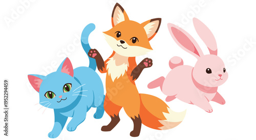 Cute cartoon cat fox and rabbit sitting together on clean white background