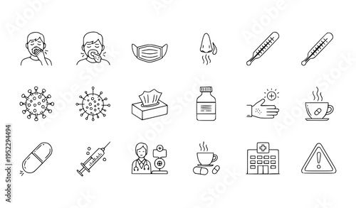 Flu Thin Line Icon Set with Cold Fever Virus Symptoms and Healthcare Minimal Web Icons Vector