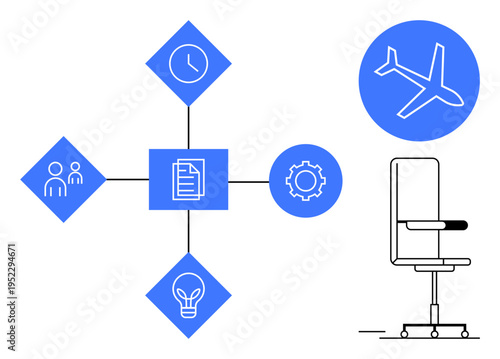 Travel, business management, workflow optimization, planning, productivity, team collaboration. Diagram showing workflow icons and an airplane with an office chair. Travel and business management