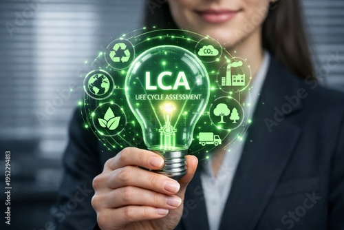 Wallpaper Mural Woman holding glowing lightbulb concept of life cycle assessment LCA eco icons. Ai generative Torontodigital.ca