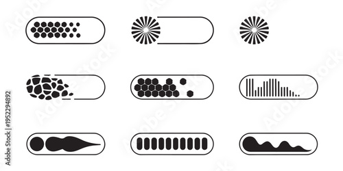 Abstract progress bar collection featuring various geometric patterns and shapes for web interfaces