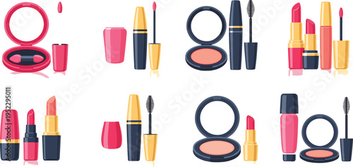 Makeup Cosmetics Collection Set with Lipstick Mascara Compact Powder and Beauty Products Vector Illustration for Fashion Design
