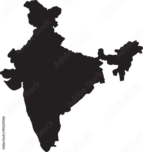 An isolated black silhouette vector map of India featuring the national flag and geography borders against a white background, representing the South Asia country and its land nation state
