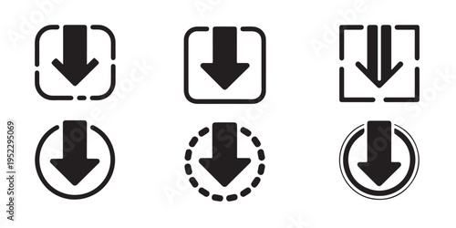 Download button icons pack featuring black arrows inside various geometric frames and containers