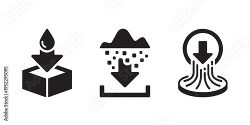 Set of three download icons on white background including water drop, cloud, and tornado
