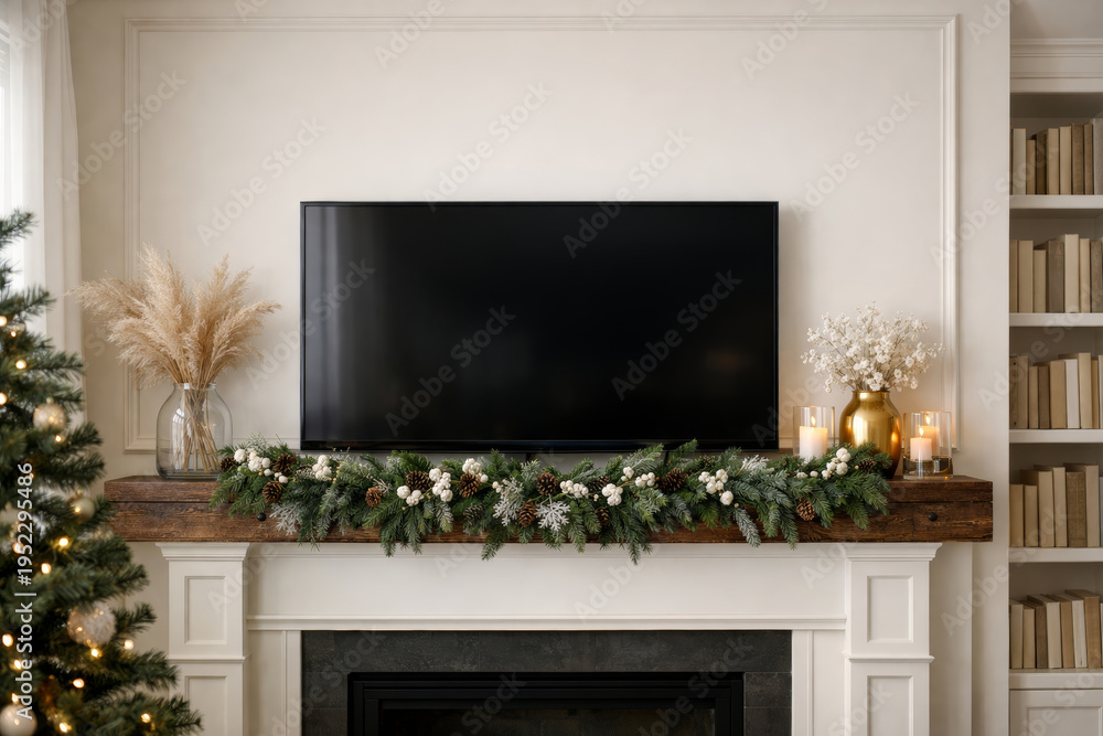 Naklejka premium Christmas livingroom fireplace with TV and decor.