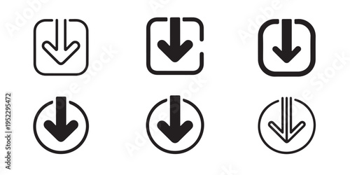 Collection of black and white download icons with different styles and shapes for user interfaces