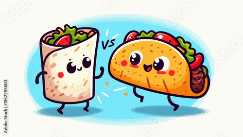 Cute Kawaii Burrito vs Taco Cartoon Characters — Funny Mexican Food Mascot Illustration