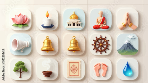 A calm digital illustration presenting Buddhist-inspired icons of lotus, temple, meditation, yoga, and spirituality arranged in four rows on a light beige background, viewed from a perspective