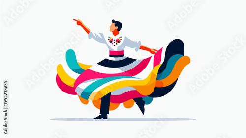Vibrant Folk Dancer in Traditional Costume with Colorful Swirling Skirt — Flat Vector Illustration