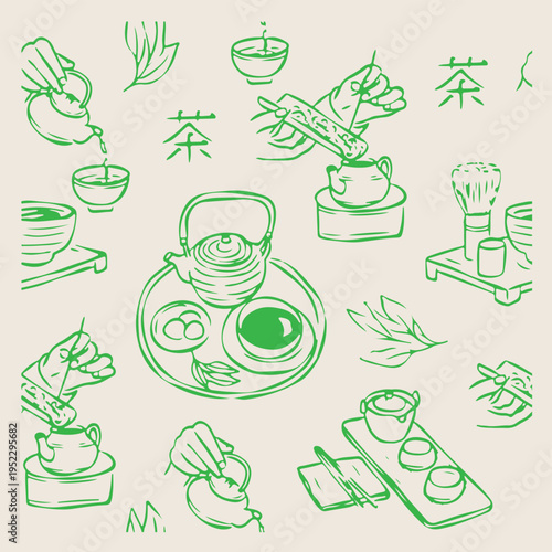 tea culture illustration set, asian tea collection design, tea ceremony sketch elements, teapot cup artwork pack, herbal tea illustration set, tea collection