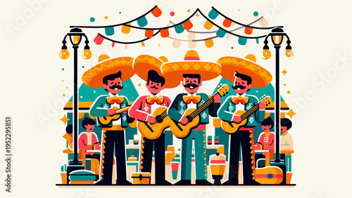 Vibrant Mexican Mariachi Band Playing Guitars Under Festive Lights and Banners – Colorful Flat Vector Illustration for Fiesta Celebrations