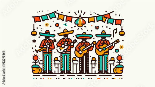 Festive Mexican Mariachi Band Playing Music – Colorful Flat Line Art Illustration for Fiesta and Cinco de Mayo Celebration