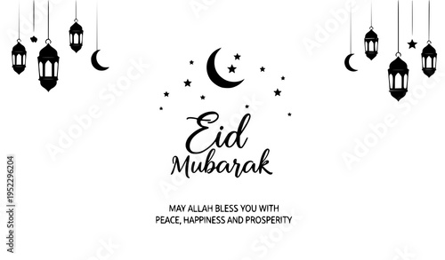 Eid Mubarak Social Media Vector with Islamic Blessings, Mosque, Crescent Moon, and Lantern Artwork