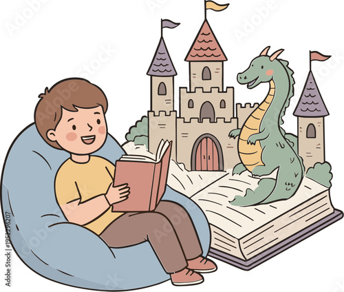A young boy reads a book while sitting on a beanbag chair next to a dragon and castle