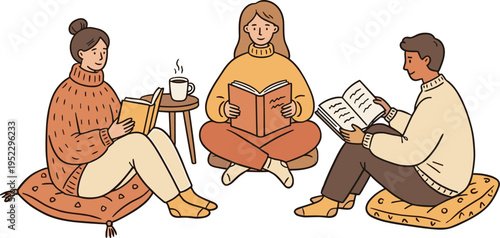 People sitting on cushions reading books and drinking coffee together indoors