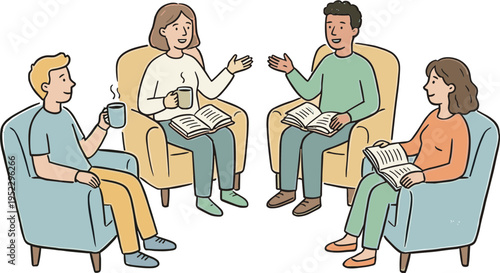 Four people sitting in armchairs engaged in conversation while reading newspapers