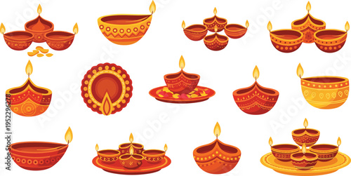 Set of fifteen decorative Diwali oil lamps or diyas with glowing flames and intricate cultural patterns for festive vector design projects
