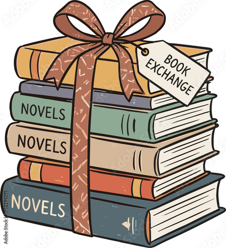 A stack of novels tied with a ribbon for a book exchange event indoors