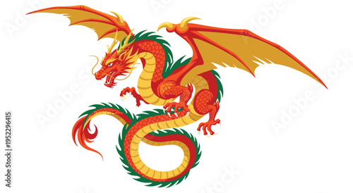 Majestic chinese dragon with outstretched wings on white background