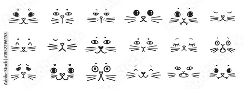 cute funny cat faces doodle hand drawn icon set. Outline drawing cats emotions different mood happy or sad line clipart symbol collection